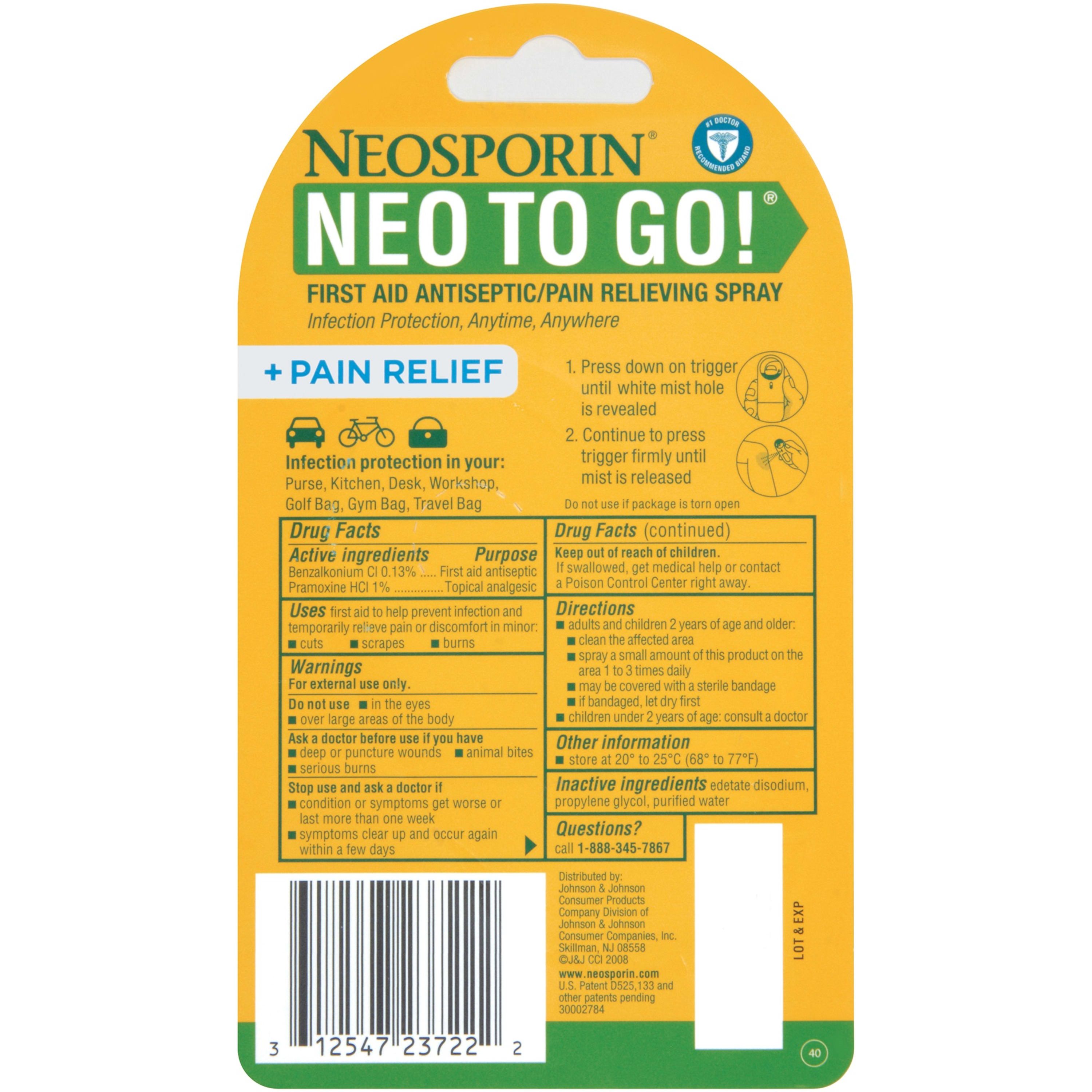 Neosporin + Pain Relief Neo To Go! First Aid Antiseptic/Pain Relieving Spray,.26 Oz - image 5 of 9