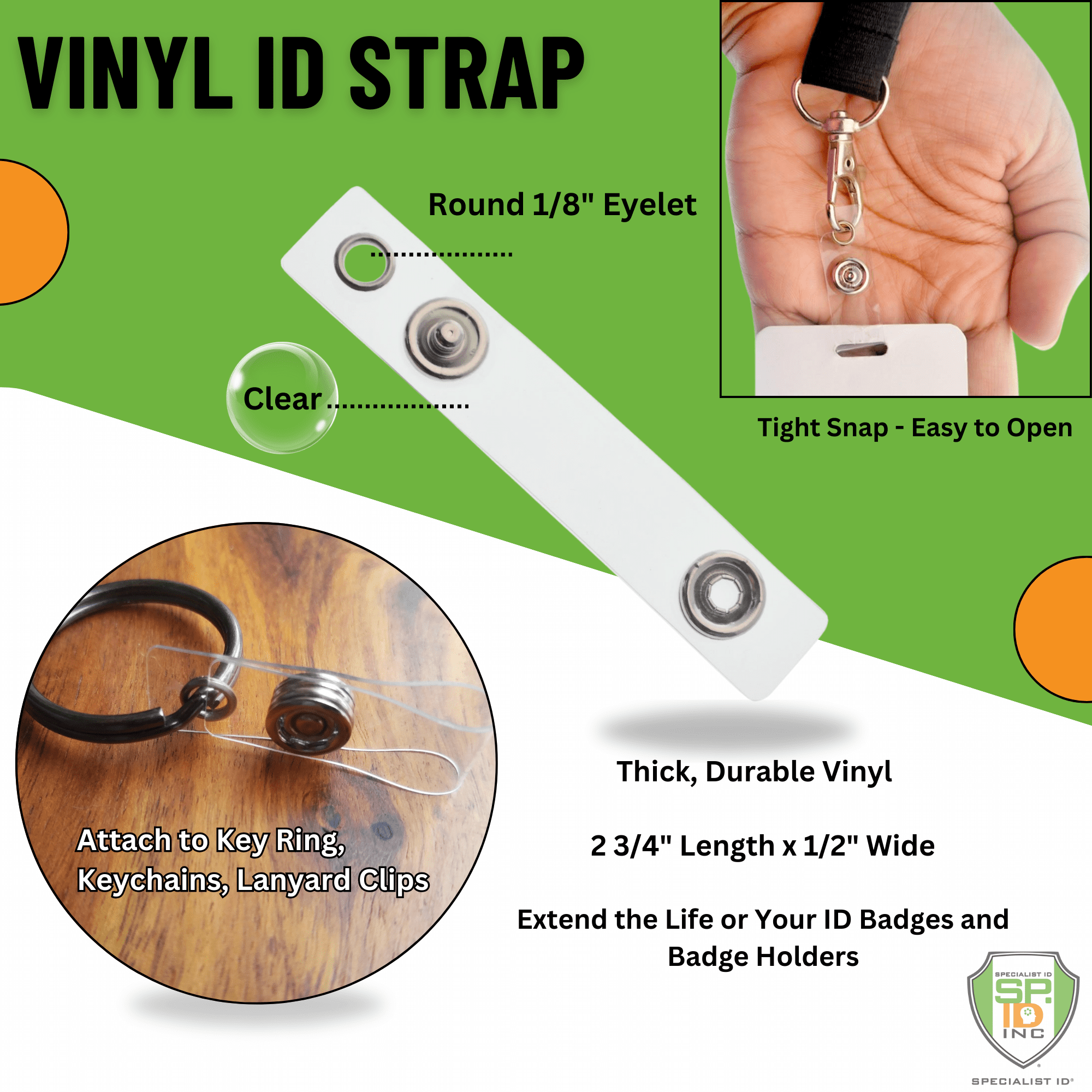 Clear Vinyl Plastic ID Badge Holder Strap with Snap & Eyelet Hole (Bulk Pack) Easily Attach to Lanyards & Key Rings - Badge Strap Attachment for Badges by Specialist ID (100 Pack)