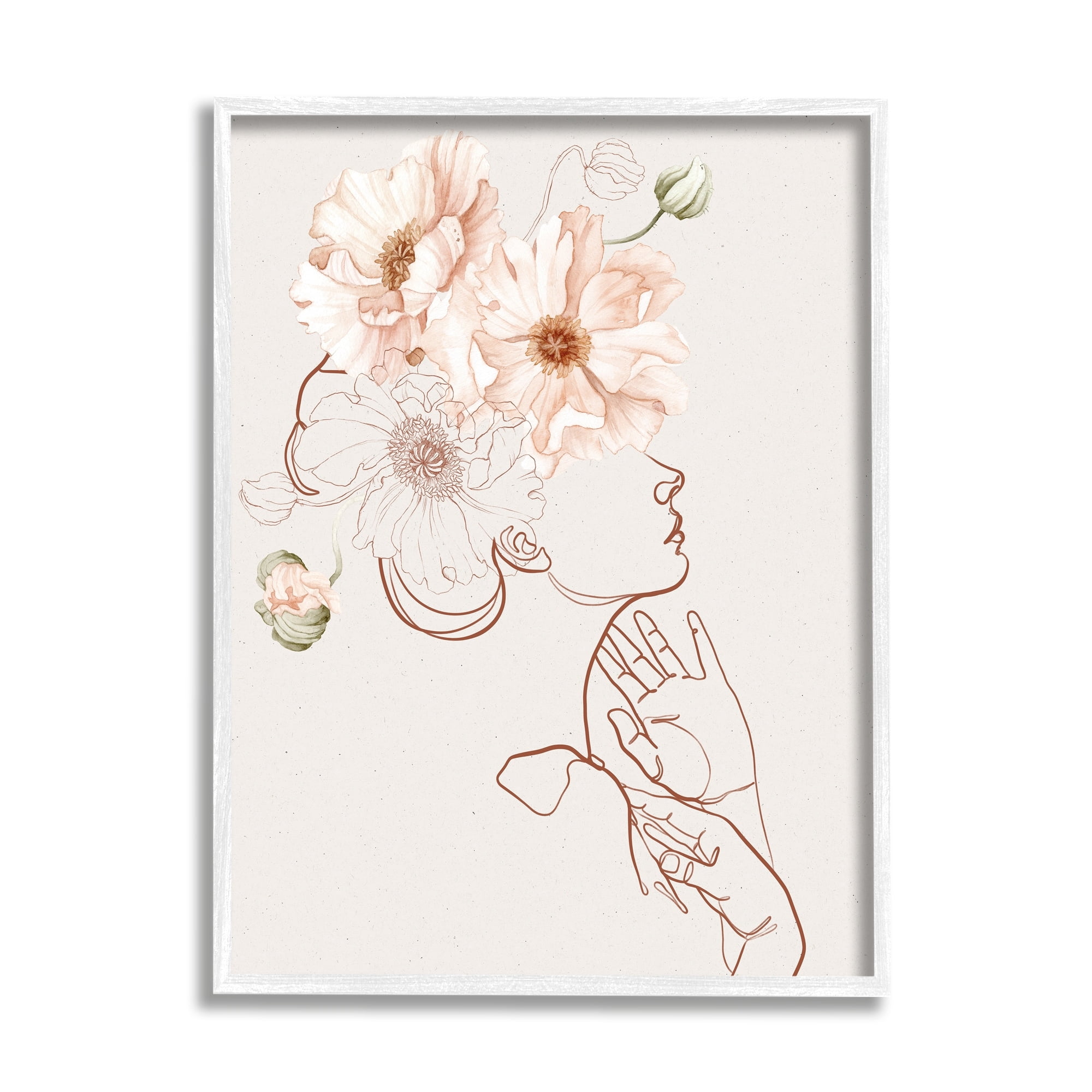 Blooming Pink Flowers Woman Minimal Outline Design Botanical & Floral Graphic Art Framed Art Print Wall Art