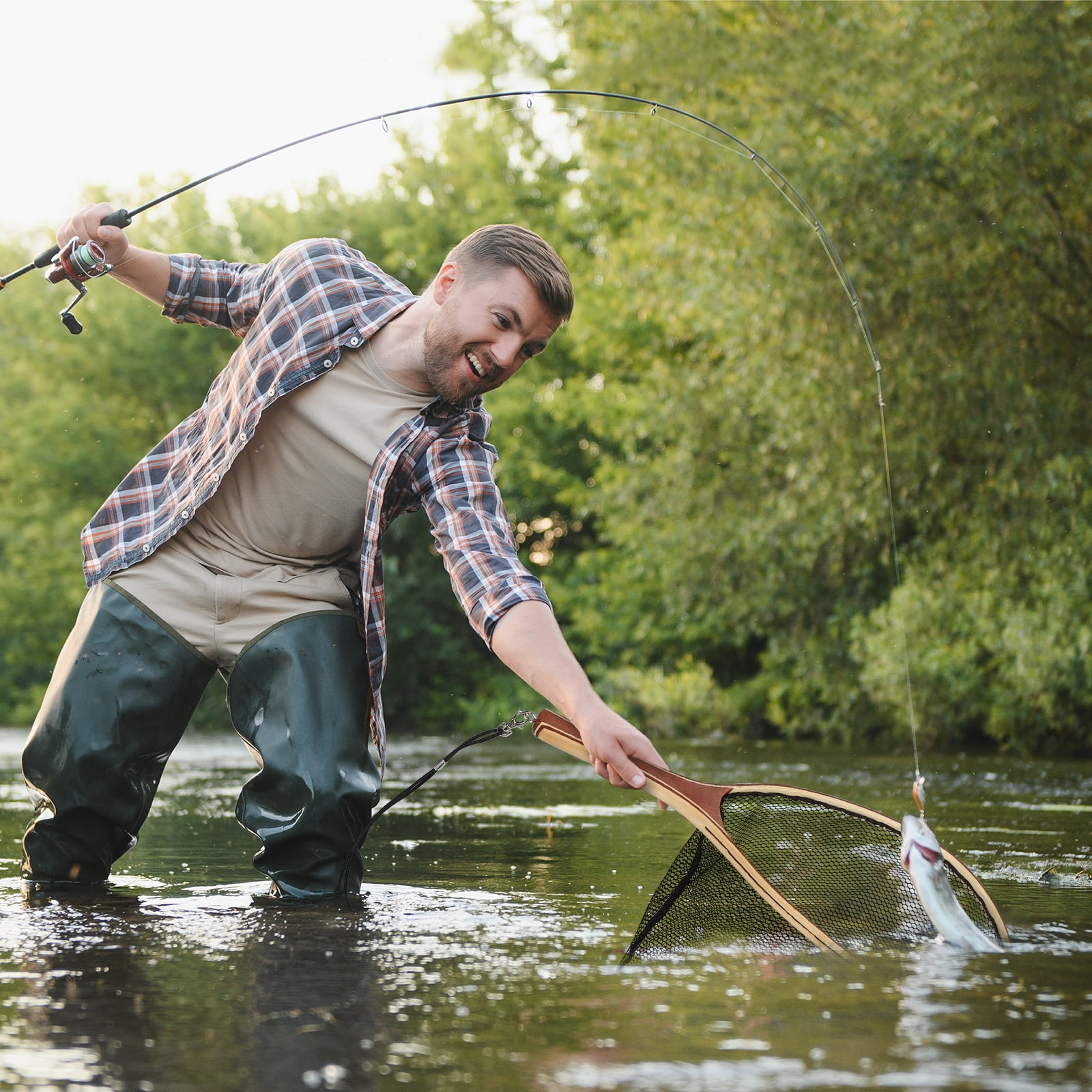 Lightweight Wooden Fly Fishing Net - Soft Mesh, Eucalyptus Black Straight Handle, Safe Catch & Release, Durable Landing Net for Trout, Bass, Freshwater & Saltwater