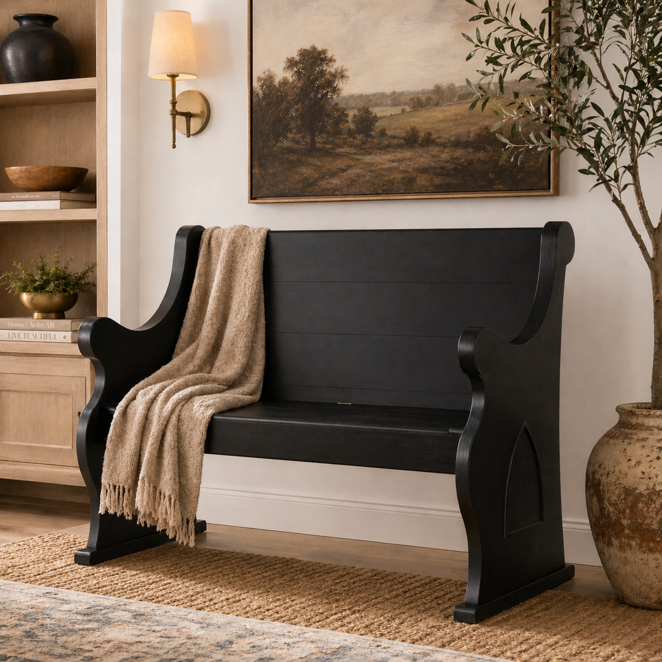 DecMode Wood Storage Bench with Scrolled Armrests, Black