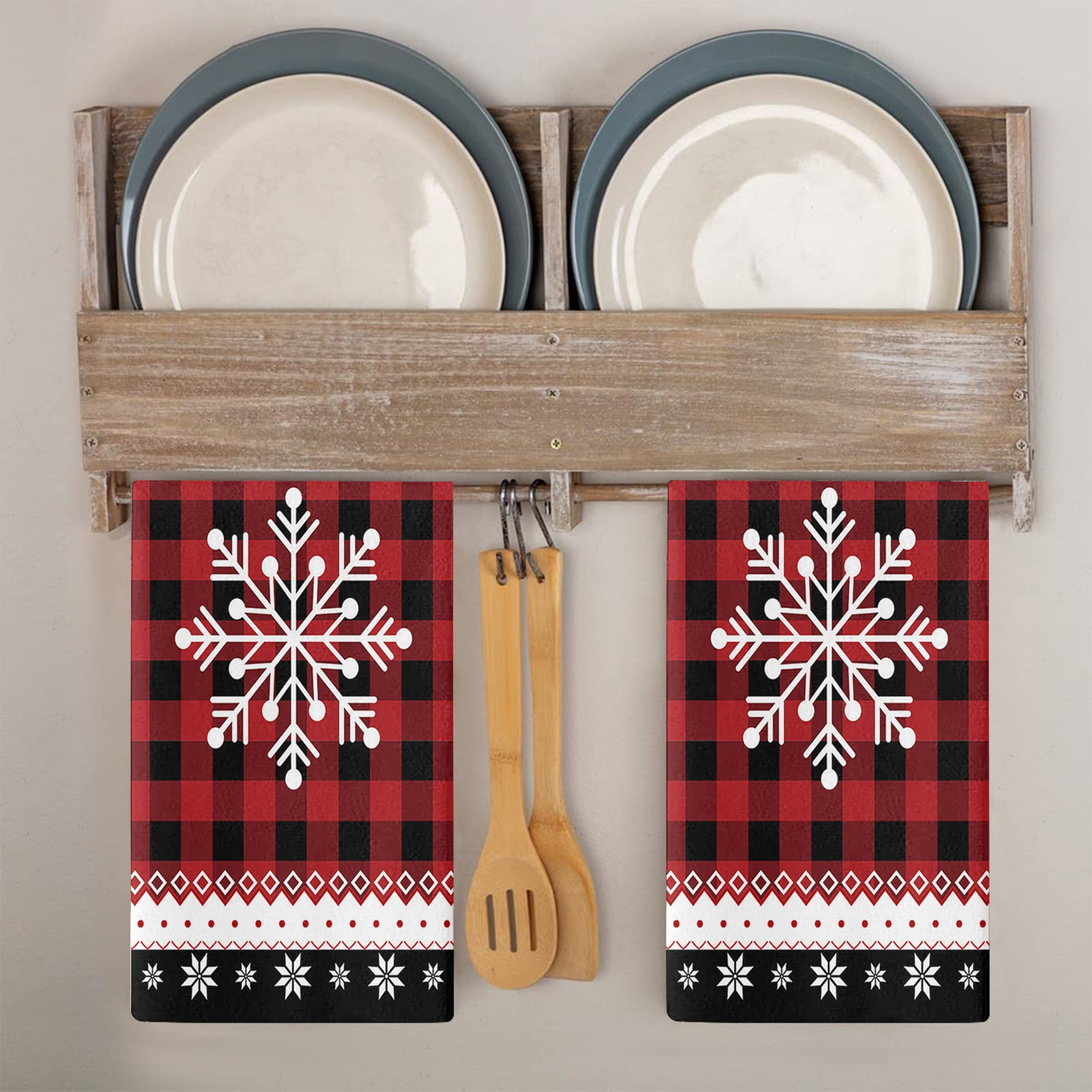 NWT Set of 4 Christmas Kitchen Towels 2 Red Black Plaid/2 Solid Red  Holidays
