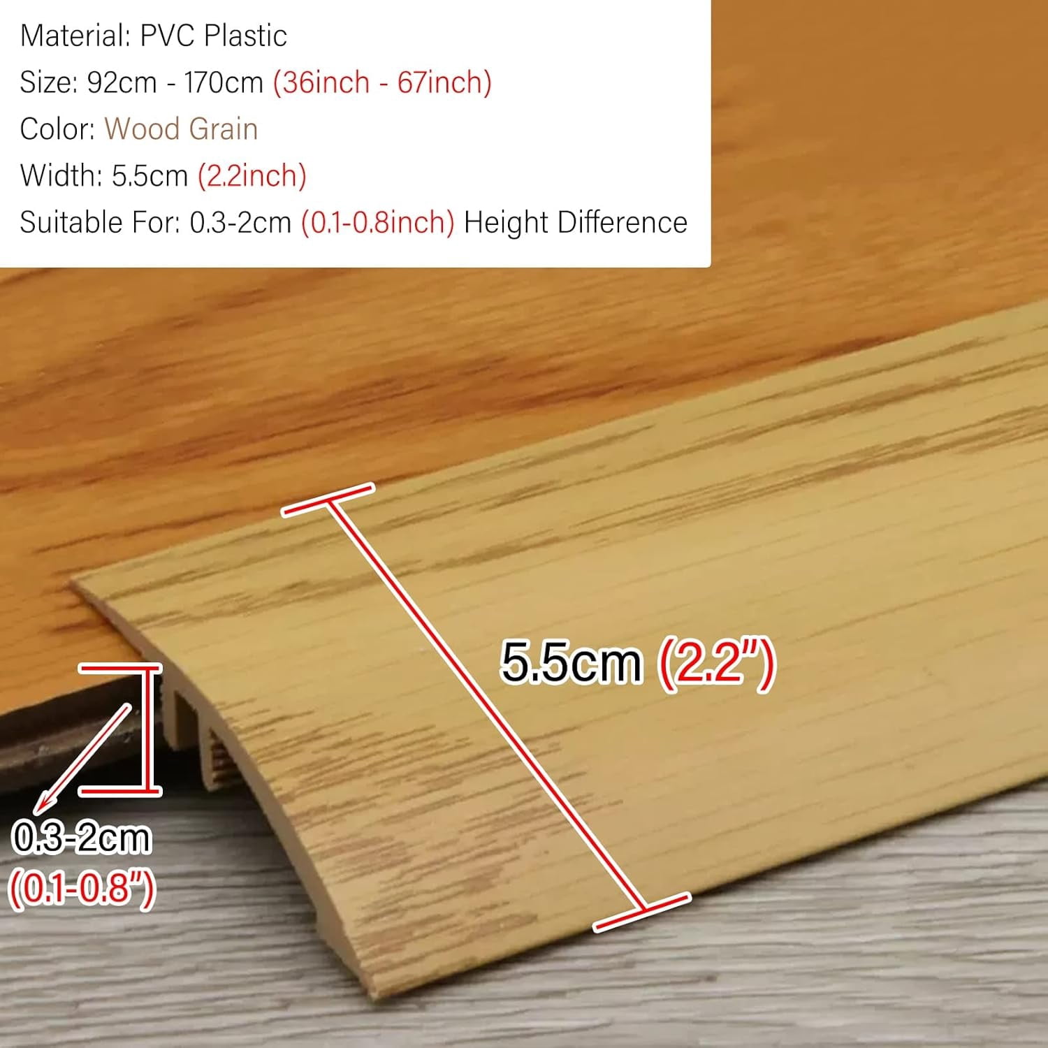 Floor Transition Strip Wood to Tile, Self Adhesive PVC Plastic Threshold Reducer Step Down 3/4 Inch for Vinyl Flooring Uneven Floors, Carpet Edge Trim Molding