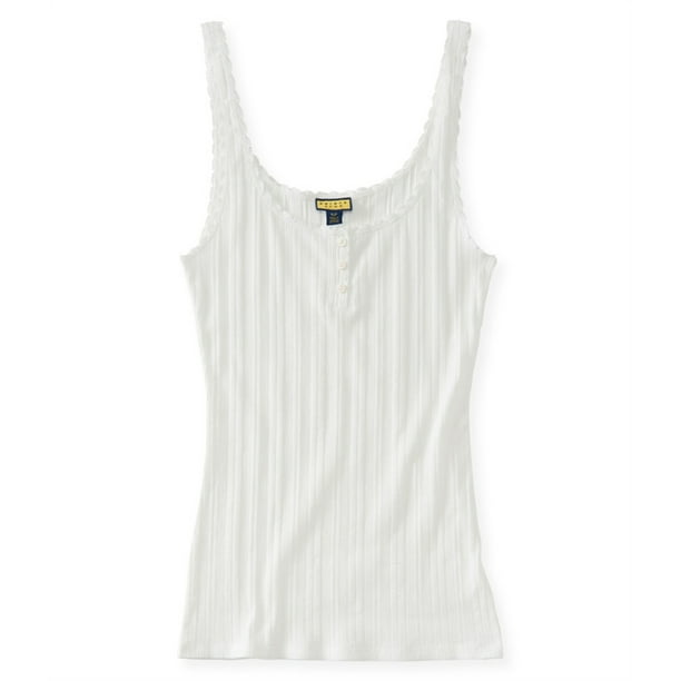 Camiseta sin Mangas Aeropostale Cuello Henley Acanalado Mujer Blanco Hueso Extra Pequeña