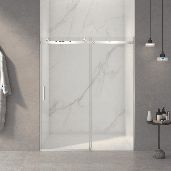 56-60"W x 72"H Frameless Sliding Shower Door,5/16"(8mm) Thick SGCC Tempered Clear Glass,Double Side Easy Clean Coat,Brushed Nickel Finished With Buffer