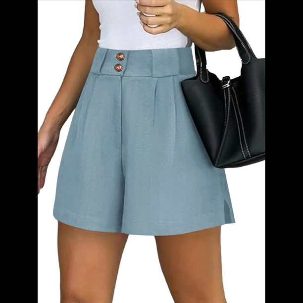 Pantalones Cortos de Trabajo Informales para Mujer, de Verano 2025, con Cintura Alta Elástica, Plisados, Aberturas Laterales y Bolsillos. Azul L