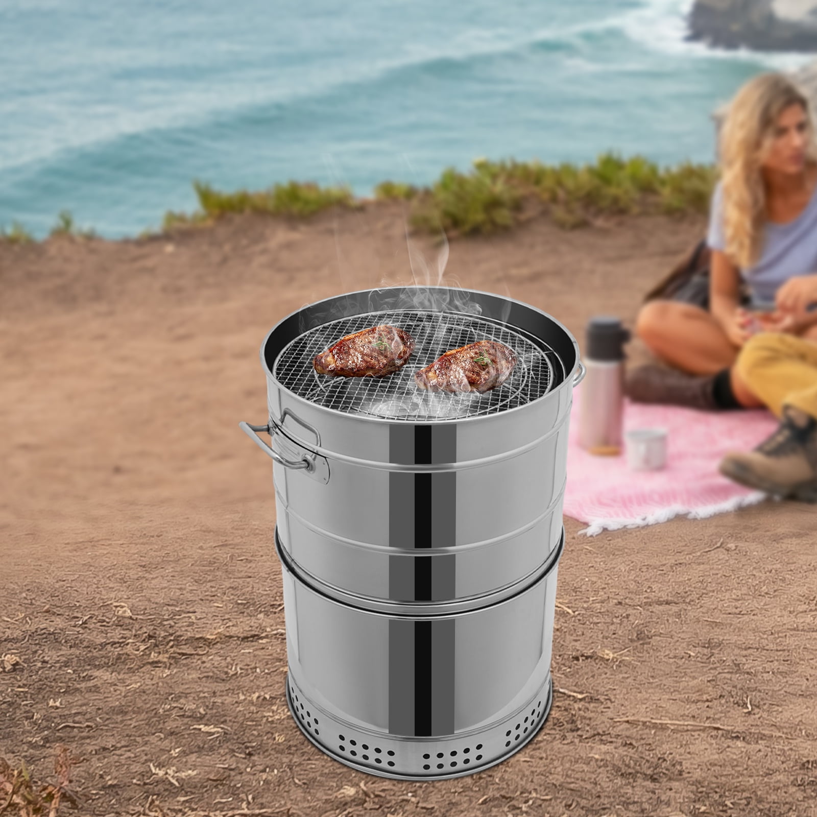 1 PCS Freestanding Large Portable Charcoal Grills,  201 Stainless BBQ Grill Barrel, Portable Barbecue Grill