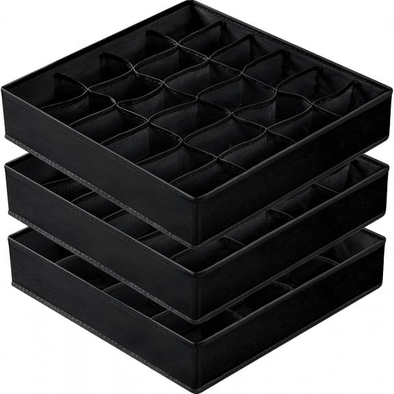 XIBUFE 3 Pack Sock Underwear Organizer Dividers,64 Cell Fabric Foldable Cabinet Closet Organizers and Storage Boxes for Storing Socks,Underwear,Ties (16 24 24 Cell,Black)