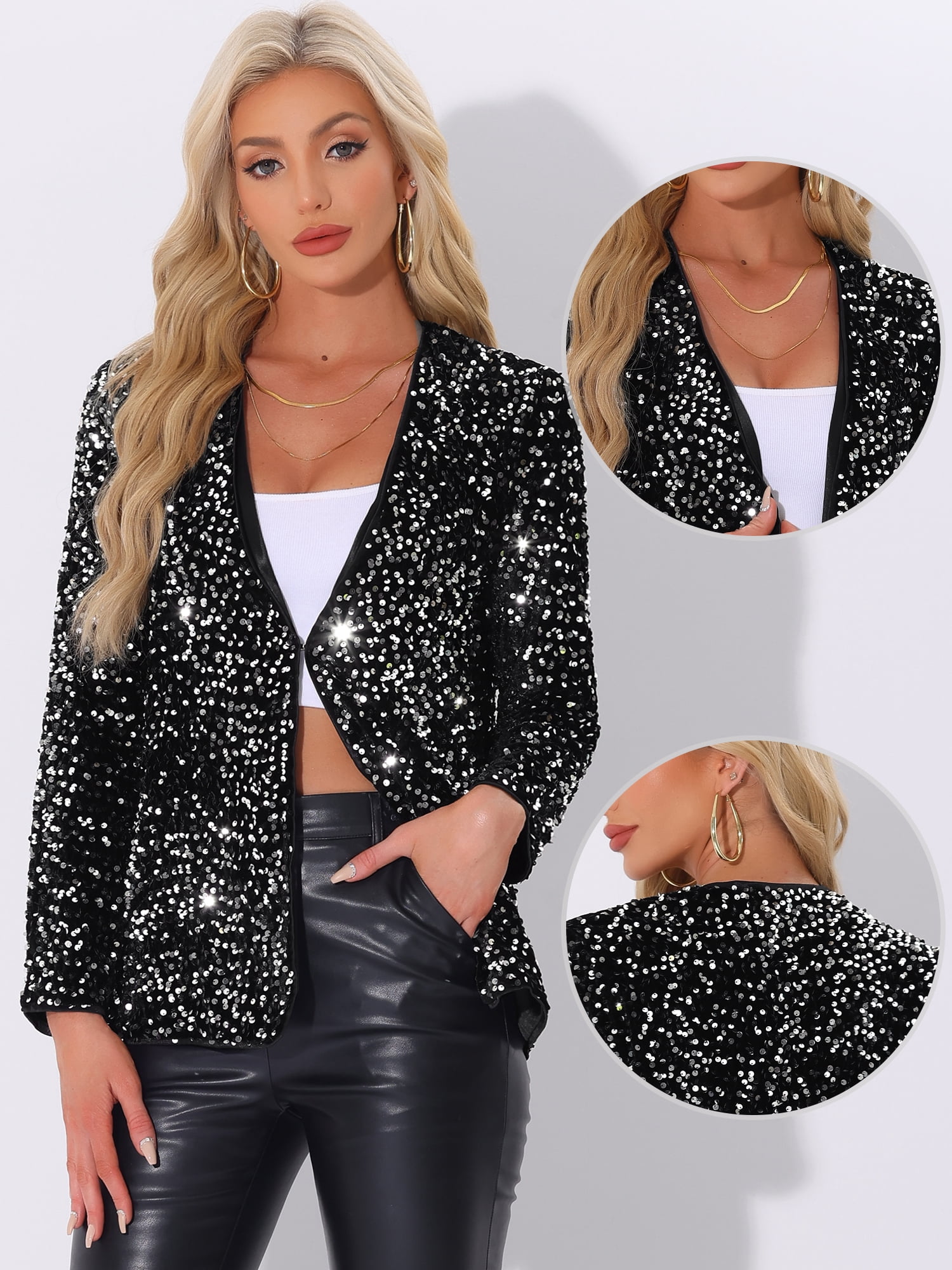 DARING DIVA Sequin Blazer Jacket Sparkly Open Front Cardigan XL Silver