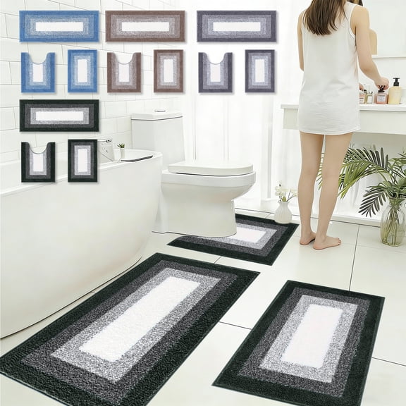 PoyoKee 3pcs Bathroom Rugs, Soft Microfiber Bath Mat, Non-Slip Absorbent Bath Rugs with U Shape, Bathroom Mats Home Decor, 15"x47", Black