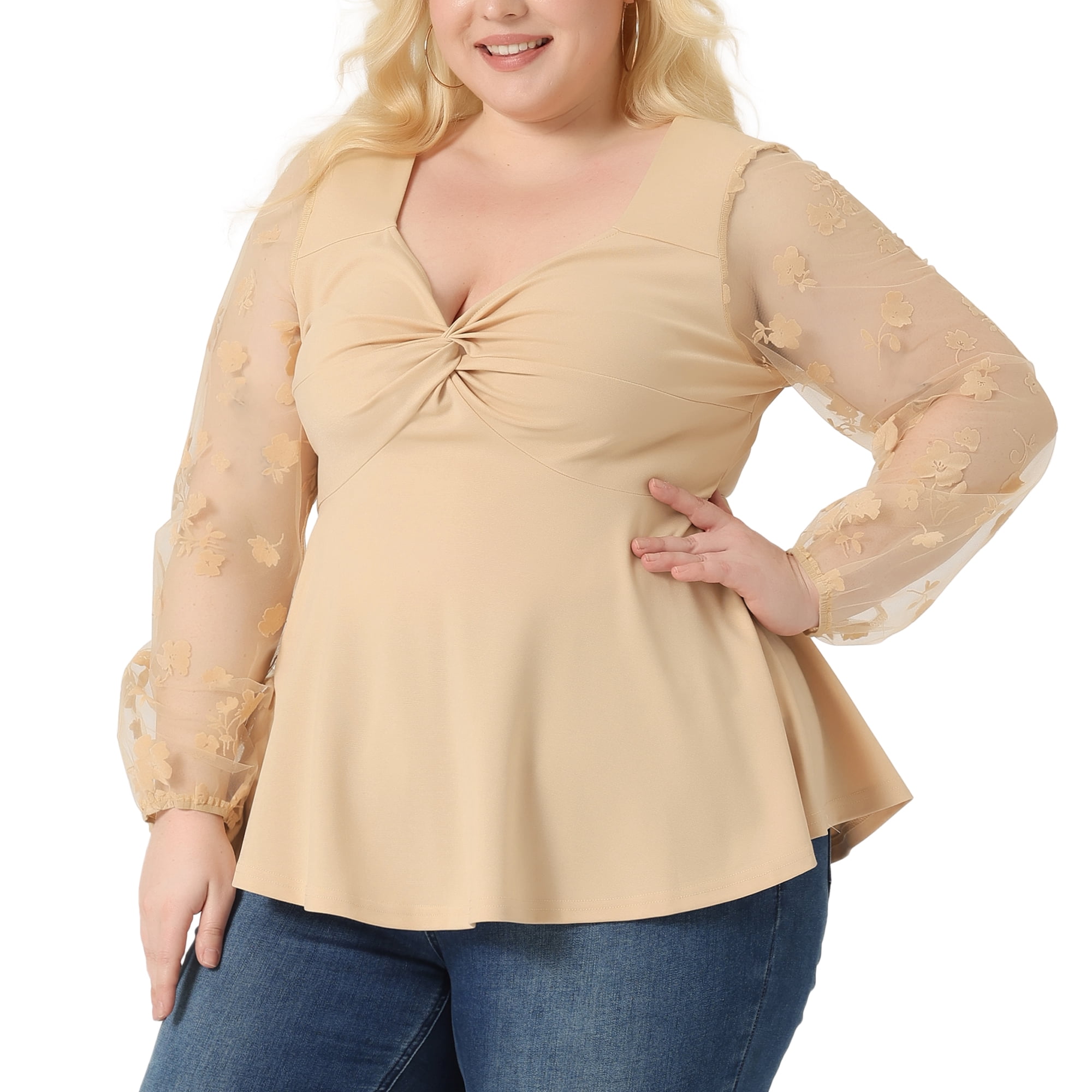Unique Bargains Women's Plus Size Panel Heart Sheer Mesh Long Sleeve Shirts Blouses 2X Beige