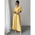 thumbnail image 4 of Womens Yellow Button-Front Cinched Waist A-Line Maxi Dress, 4 of 7