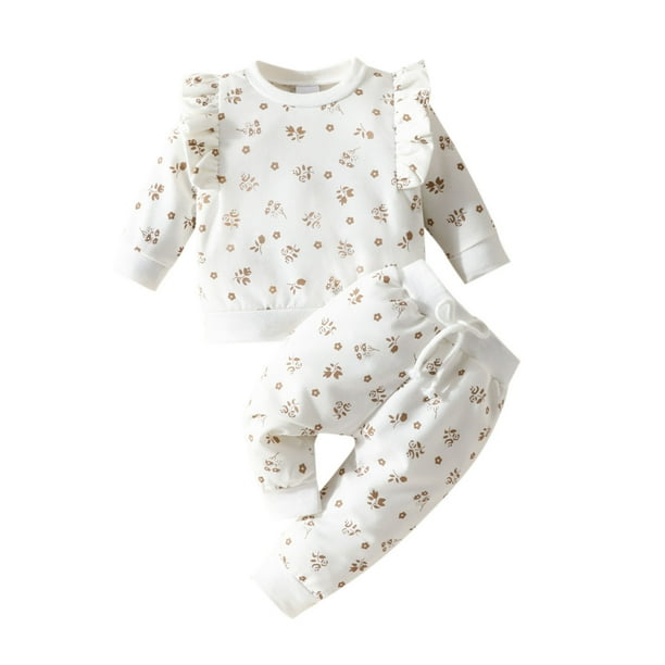 Gibobby Conjunto de ropa de bebé Conjuntos de pantalones y camisetas de manga larga con estampado floral para niñas pequeñas(Blanco,18-24 Meses)