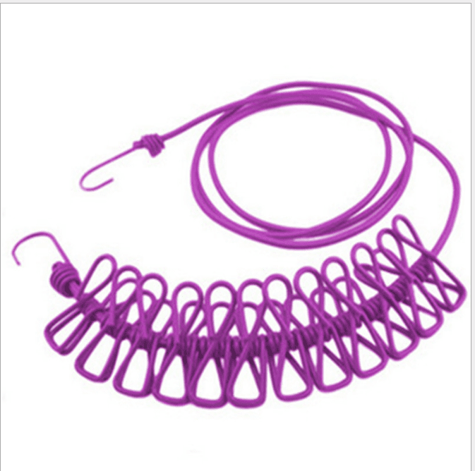 Outdoor Clothes Line Camping Portable Travel Stretchy Clothesline 12Clips purple 