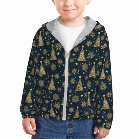 

Gaeub Gold Snowflake Christmas Tree Print Athletic Sun Protection Hoodie for Kids Long Sleeve Outdoor UV Shirt Running Fishing Top for Boys Girls-3 Years