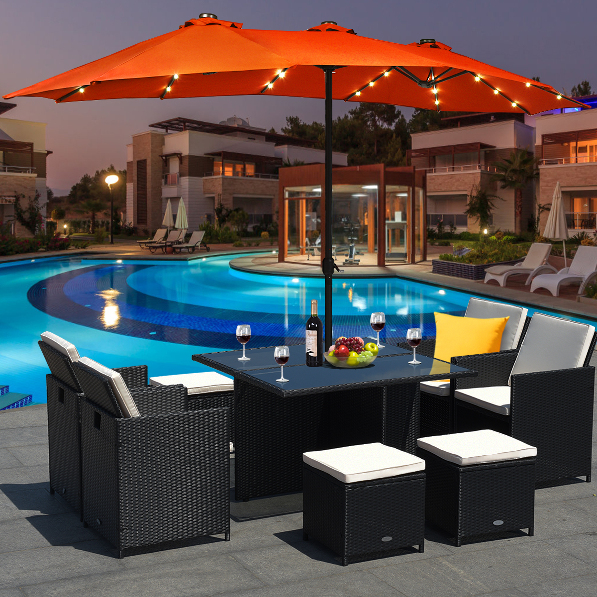 Costway 15' Orange Rectangle Market Patio Umbrella, Solar Powered, Crank, Water-Resistant