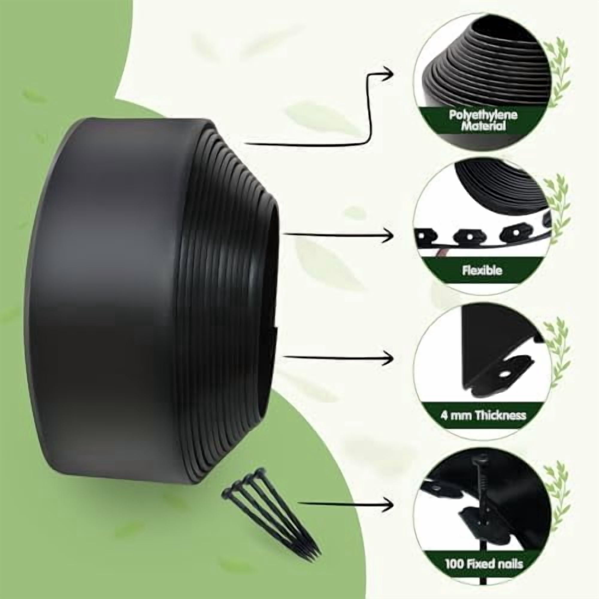 Landscape Edging - 2 Inch x 33FT Garden Border with 100 PCS Spikes, Plastic Lawn Edging for Flower Bed, Pathway and Yard(Black)