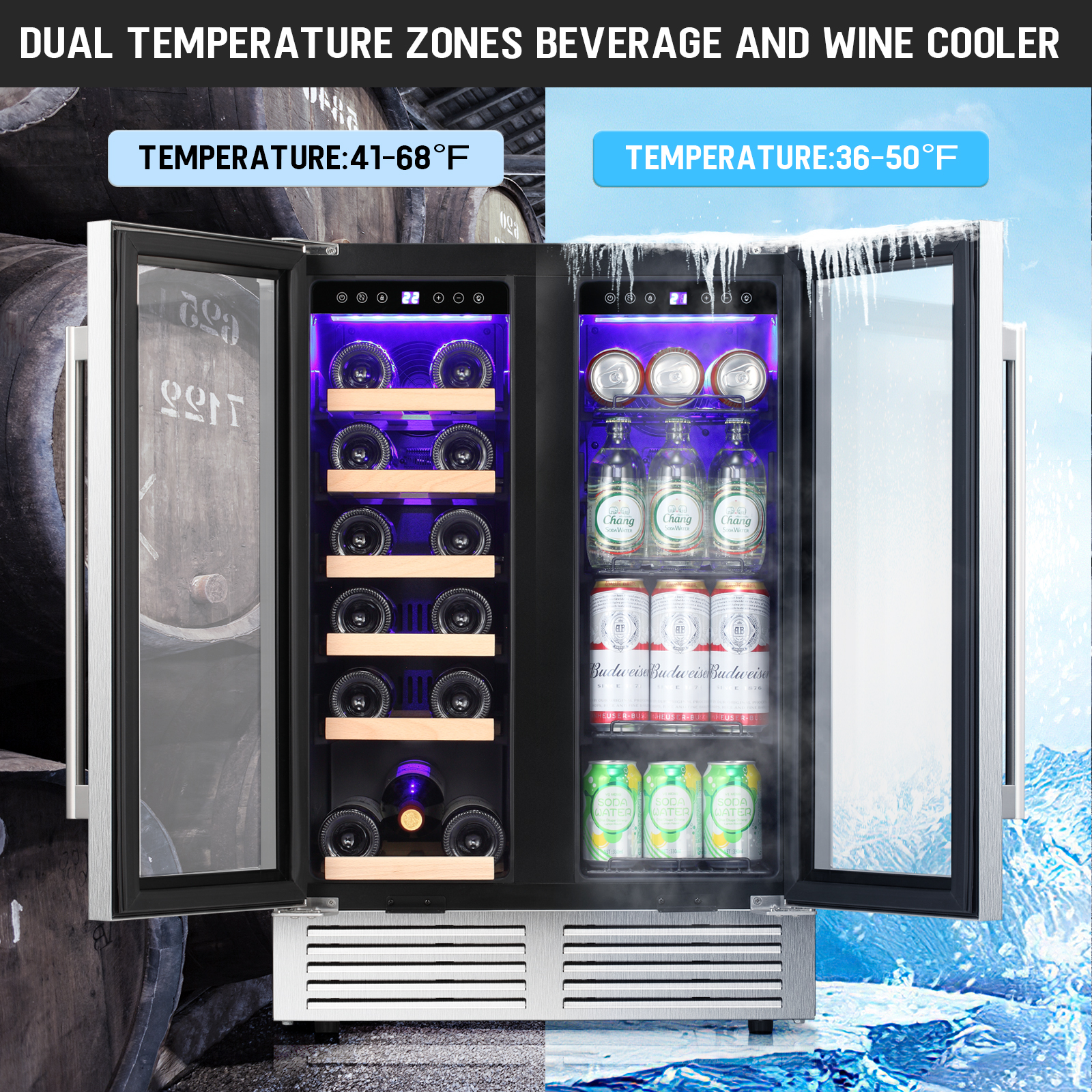 FREE VILLAGE 24 Inch Wine and Beverage Refrigerator,Dual Zone Built-in Wine Cellar,Freestanding Mini Fridge,Clear Glass Door,LED Light,for Beer Soda… wine  cooler