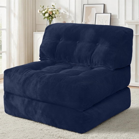 Navy Blue Corduroy Folding Sofa Bed Convertible Sleeper Chair With Back Support Portable Single Couch For Living Room Bedroom Office