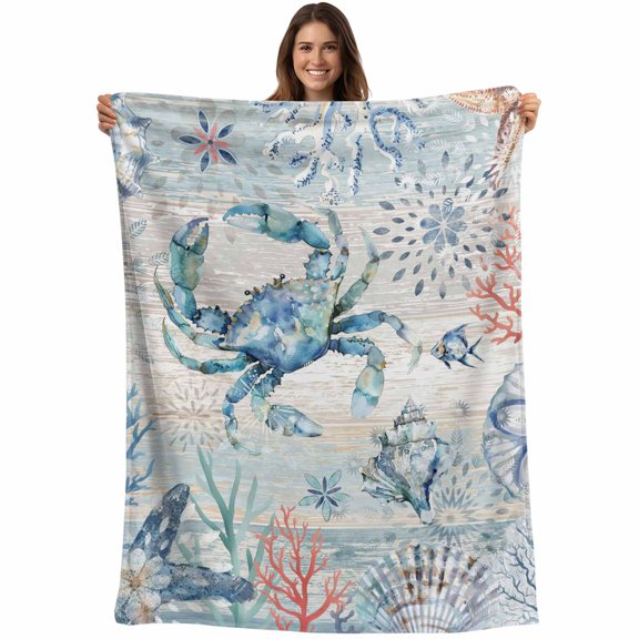 Coastal Crab Blanket Soft Cozy Warm Throw Blanket for Couch, Plush Fuzzy Flannel Fleece Blankets for Sofa, Nautical Beach Ocean Conch Coral Starfish Bed Blankets Lightweight Gifts for Women, 32"x48"