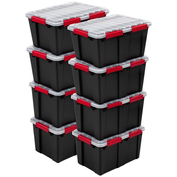 Sterilite 13.5 Gal Gasket Box, Stackable Plastic Storage Container with Lid, Black, 8 Pack