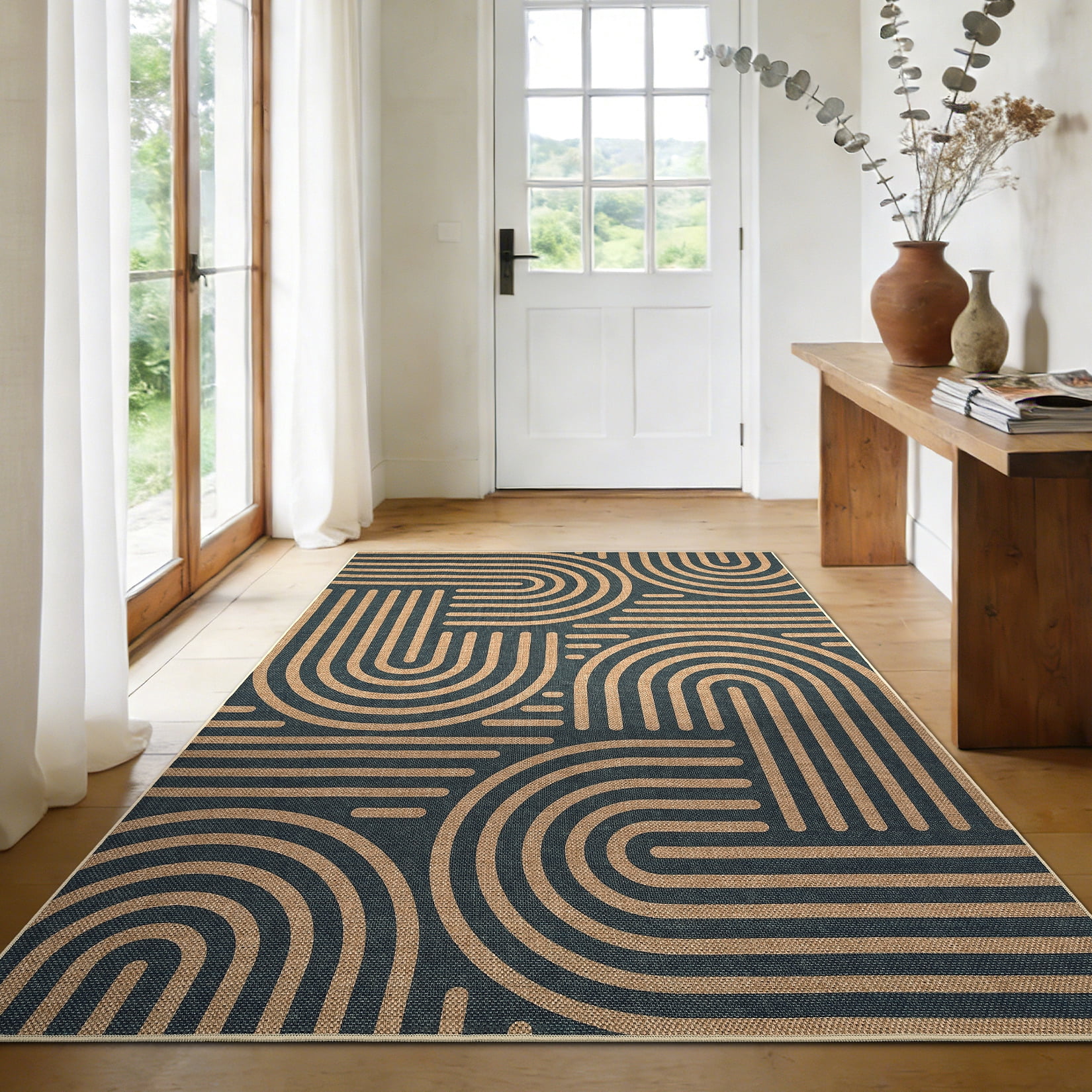 Garvee 5'x7' Geometric Area Rug Easy Jute Carpet, Abstract Washable Rug Rainbow Non Slip Indoor Outdoor Accent Rug for Living Room Bedroom Dining Room Balcony Patio, Black Coffee