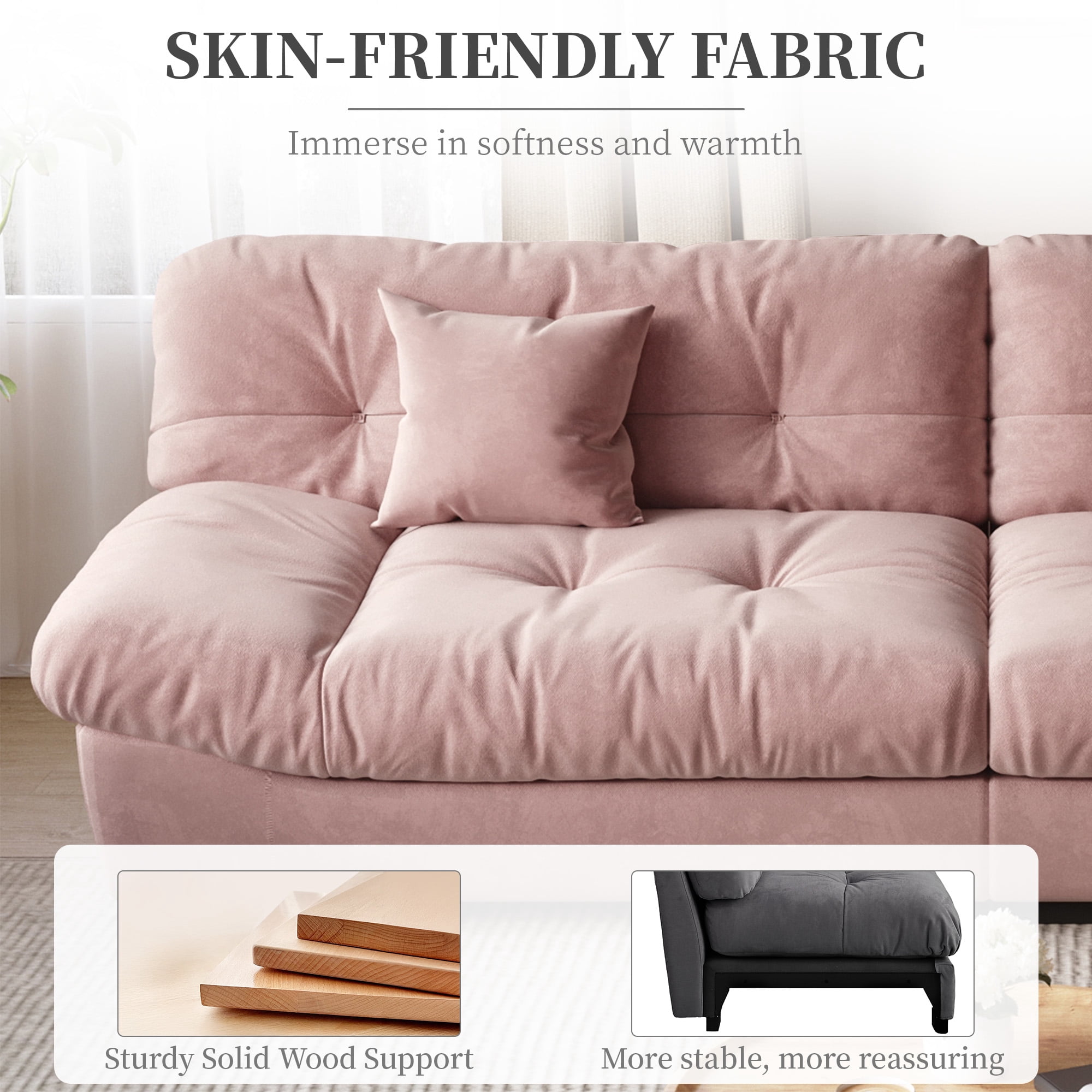 Magic Home 105" Cloud Sofa,Modern Velvet Couch,3-Seat Sofa for Living Room,Apartment and Small Space,Pink