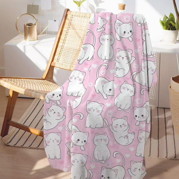 Cat Blanket Flannel Throw Blankets Cozy Soft Plush Fuzzy Travel Blanket, Cute Home Decor Stuff, Birthday Christmas Cat Gifts for Women Men Teen, 50"x60" (Pink White)