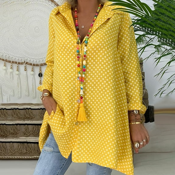 Womens Summer Tops, Shirts for Women, Trendy Women Long Sleeve Blouse Polka Dot Shirt Top Elegant Casual Women Shirts for All Occasions