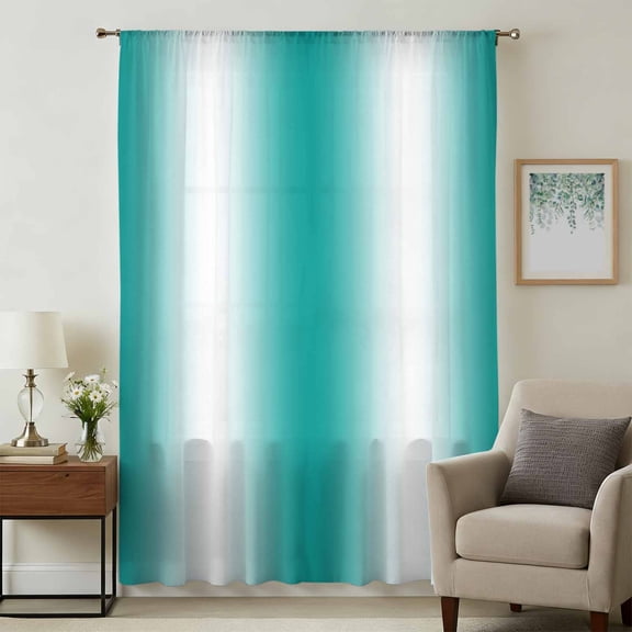 Aqua White Ombre Sheer Curtains 84 Inches Long, Gradient Abstract Minimalist Aesthetic Light Filering Curtains, Breathable Simi Curtain Privacy Drapes for Living Room Bedroom Window Treatment