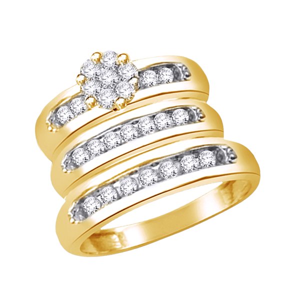 AFFY White Natural Diamond Engagement & Wedding Trio Band Ring Set In 14k Yellow Gold Over Sterling Silver (0.75 Cttw)