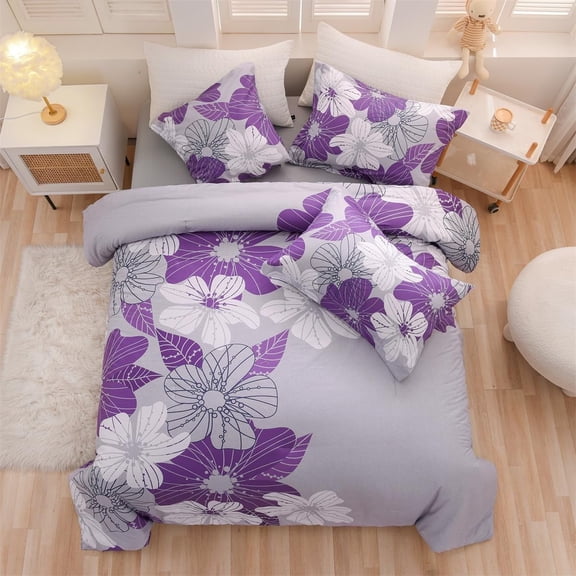 NTBED Floral Comforter Set Queen 6 PCS Bed in a Bag Purple Flowers Printed on Grey Botanical Bedding Sets Boho