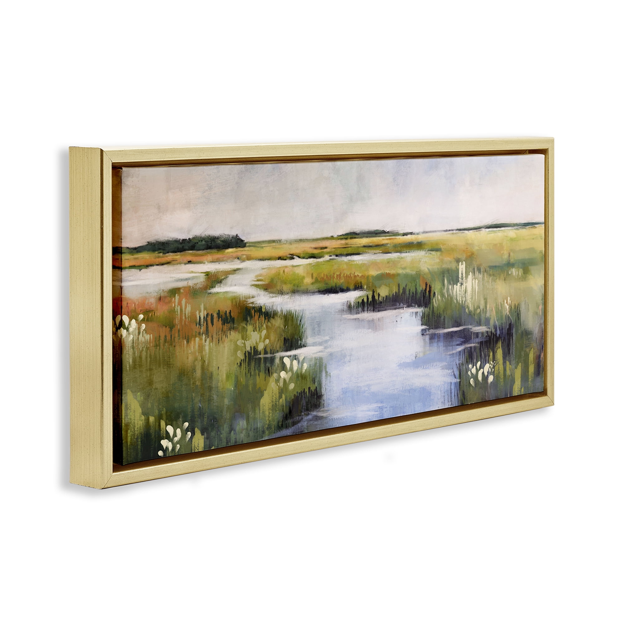 Stupell Industries River Through Marshlands Landscape & Nature Painting Gold Floater Framed Canvas Art Print Wall Art, 31 x 14