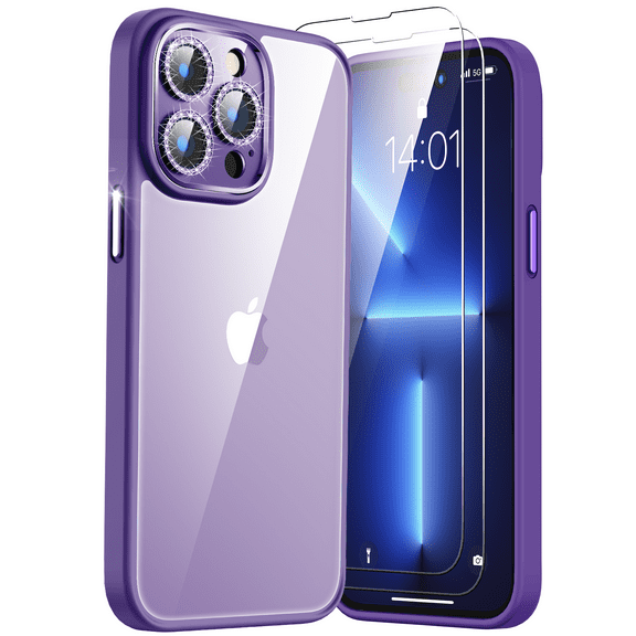 [2022 New] Meifigno Clear Glitter case for iPhone 14 Pro Max 6.7 Inch with 2 Tempered Glass Screen Protectors, Shiny Bling Sparkle Camera Lens for iPhone 14 Pro Max Purple