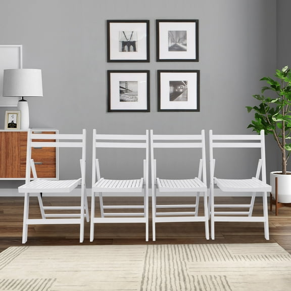 Foldable Chairs Set of 4, Patio Folding Chair with Solid Wood Frame, Outdoor Chair Set with Slat Seat and Backrest, Portable Dining Chair for Garden, Kitchen, Backyard, White & Blue