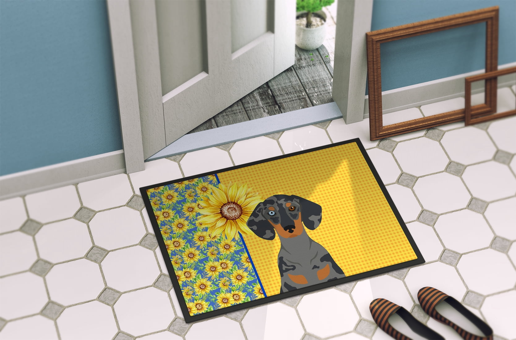 Carolines Treasures WDK5394JMAT 24 x 36 in. Summer Sunflowers Black Dapple Dachshund Indoor or Outdoor Mat