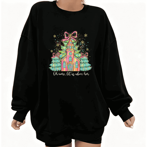 Casual Christmas Tree Graphic Tee T-Shirt Top Christmas Church Print Top Round-neck long-sleeved Black S-3XL