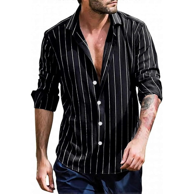 Men'S Lapel Cardigan Shirt - Long Sleeve Shirt Black Striped Printed Button Down Blouse Autumn Plus Size Clothing For Vacation Party Clothes(SizeS)