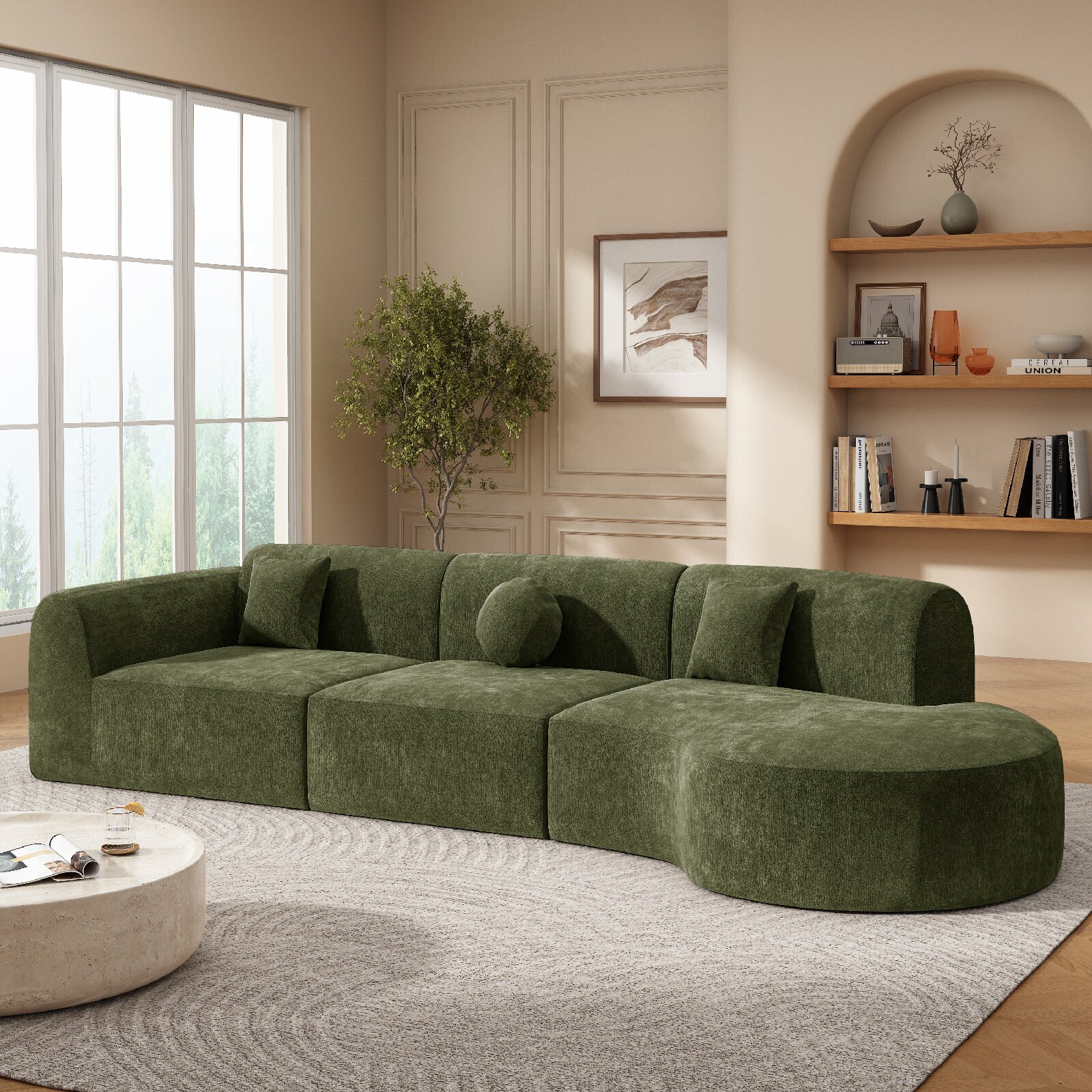 140" Modern Curved Sectional Sofa with High-Density Fully Compressed Sponge and Chaise Lounge, 3-Piece Set, Fully Assembled Right Hand Facing, Perfect for Living Room, Lounge, Green