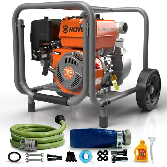 NOVUS 2-inch Semi Trash Pump with Foldable Handle and Wheels, 212cc 4 Cycle Engine, 50ft Discharge Hose, 12ft Suction Hose with Quick Cam Lock Coupler,Gas Powered Irrigation Water Pump, EPA Certified