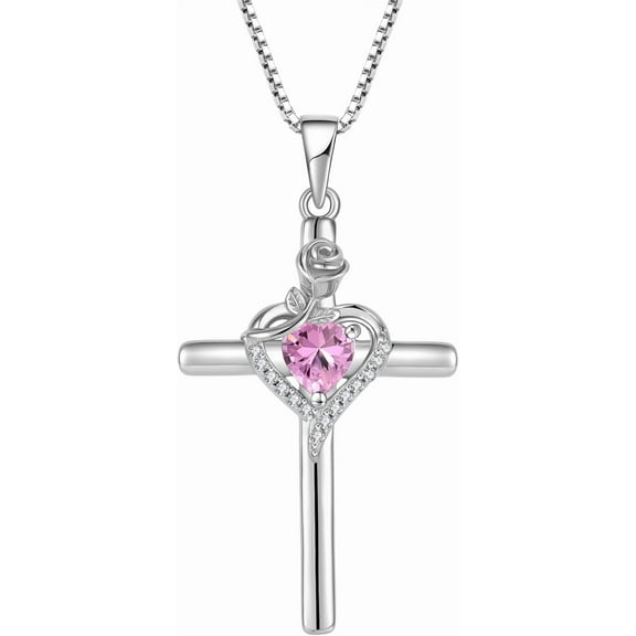 Leander Cross Necklace 925 Sterling Silver Rose Flower Necklace Birthstone Pendant Religious Jewelry Gifts for Women