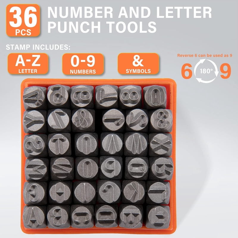Smlper Professional 36 Pack Steel Metal Stamp Set, (1/4”) 6mm Steel Number and Letter Punch Set, Alloy Steel Made HRC 58-62 for Jewelry Craft Stamping