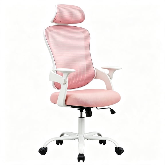 High‑Back Mesh Office Chair with Adjustable Headrest, Flip‑Up Armrests Swivel Desk Chair for Home Office, Pink