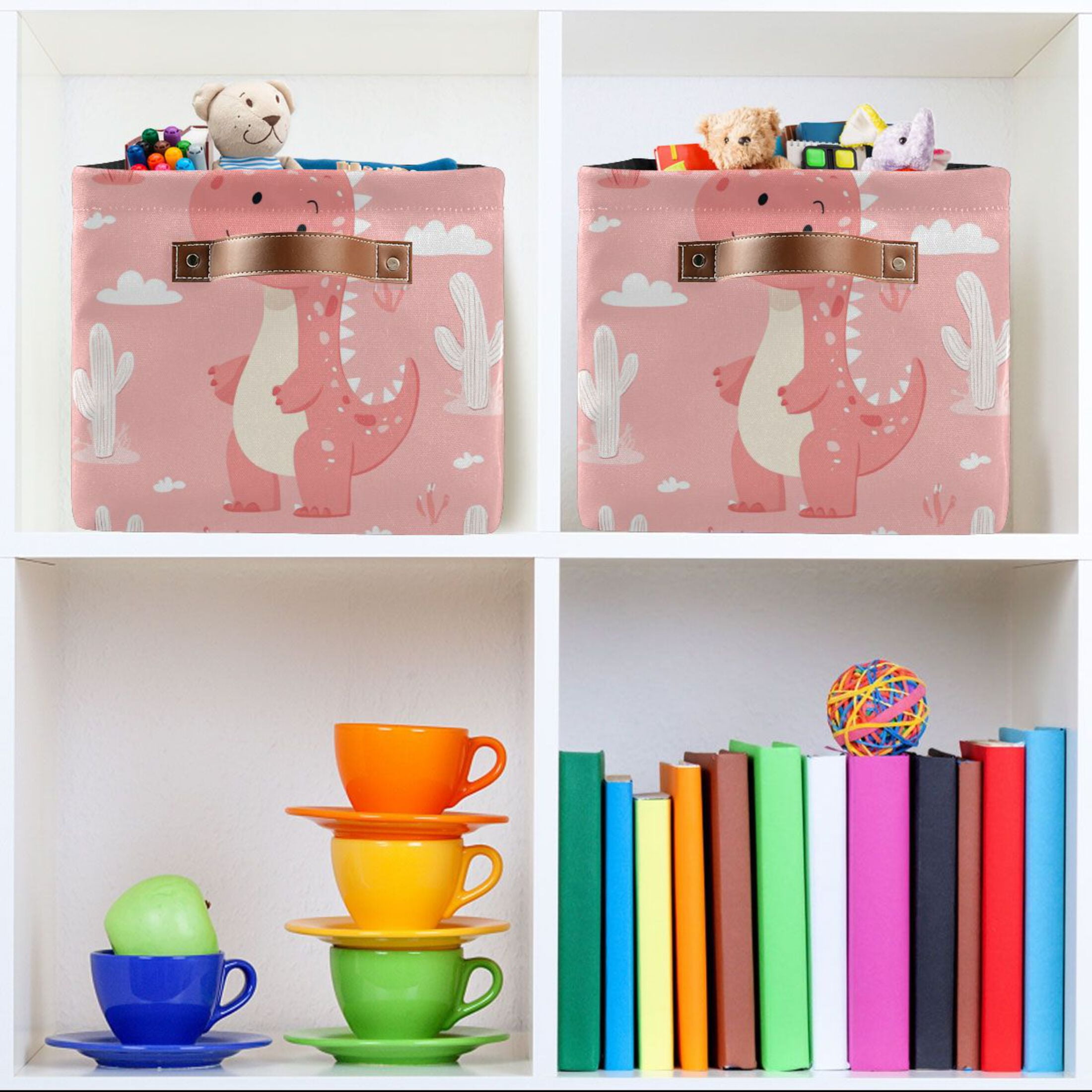 Cute Pink Dinosaur Pattern Foldable Storage Basket,Canvas Fabric Foldable Storage Bins with Handles Open Home Storage Bins Boxes for Toy Book Shelf Closet Baskets