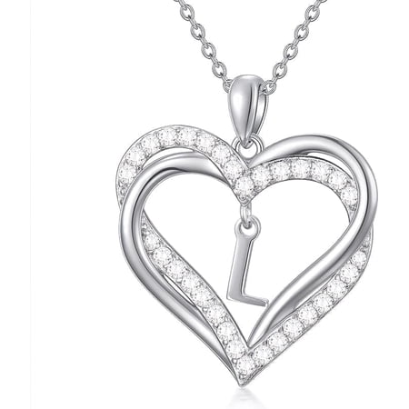 JKR Heart Initial Necklace 925 Sterling Silver Initial A-Z Letter Pendant Necklace Double Heart Jewelry Anniversary Birthday Gifts for Women Her Wife Girlfriend