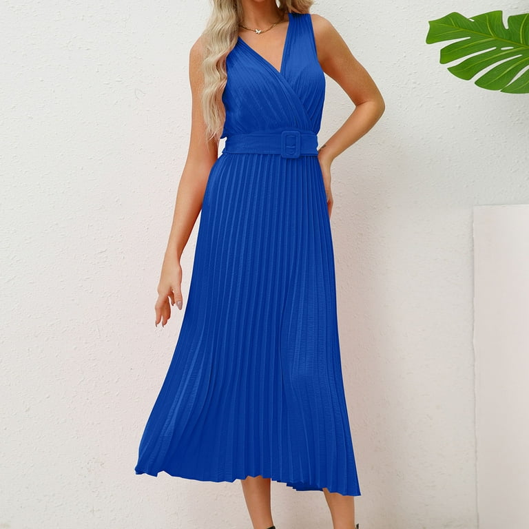 Clodeeu Women's Halter Neck Pleated Sleeveless Midi Dress with Belted , Casual Party Cocktail Dress Blue,Womens Plus M, Size: Medium