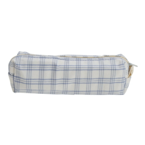 Unique Bargains 1 Pc Plaid Retro Style Drawstring Makeup Bag for Vacation White Blue Cotton