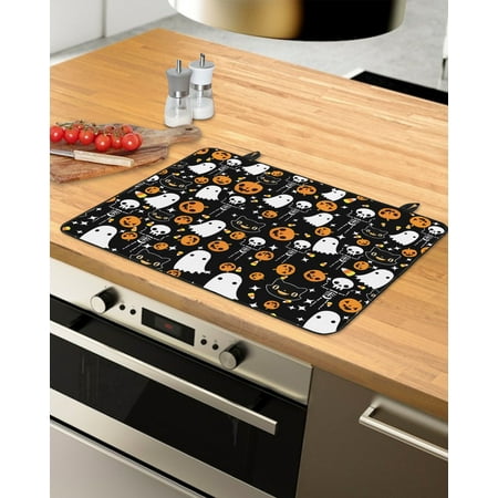 

Halloween Stove Top Covers for Electric Stove Heat Insulation Fireproof Glass Cooktop Cover Counter Top Glass Stove Cover for Prevent Scratches 36 x21 Orange Pumpkin White Ghost Skeleton Black