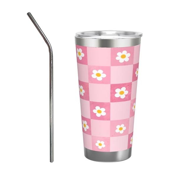20oz Pink Checkerboard Daisy Tumbler with Handle Stainless Steel Insulated Travel Coffee Cup Gift with Stainless Steel Straw