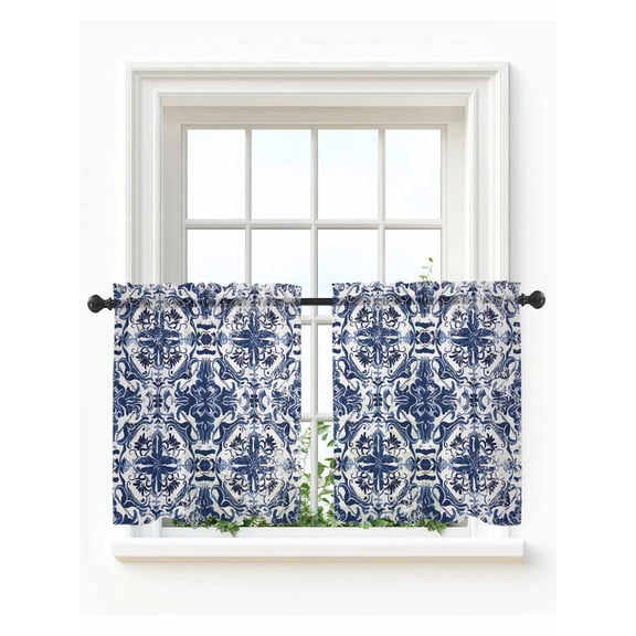 Navy Blue Boho Tier Curtains 36 Inch Length,Sheer Curtains for Bedroom Living Room Window Ehtnic Abstract Art Modern Geometric Rod Pocket Drapes Kitchen Curtains Small Half Window 27.5"x36" 2 Panels